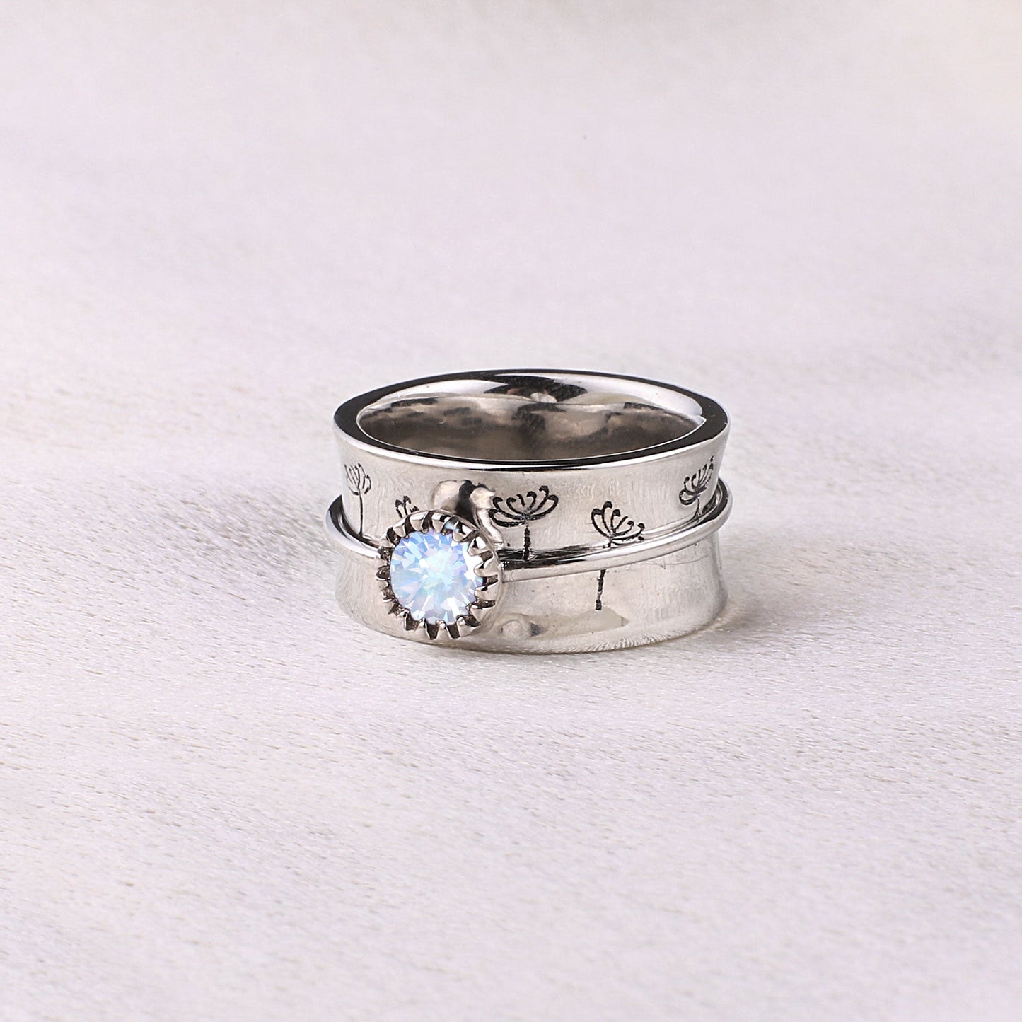 Bague Fidget Spinning Pissenlit Argent Pierre de Naissance