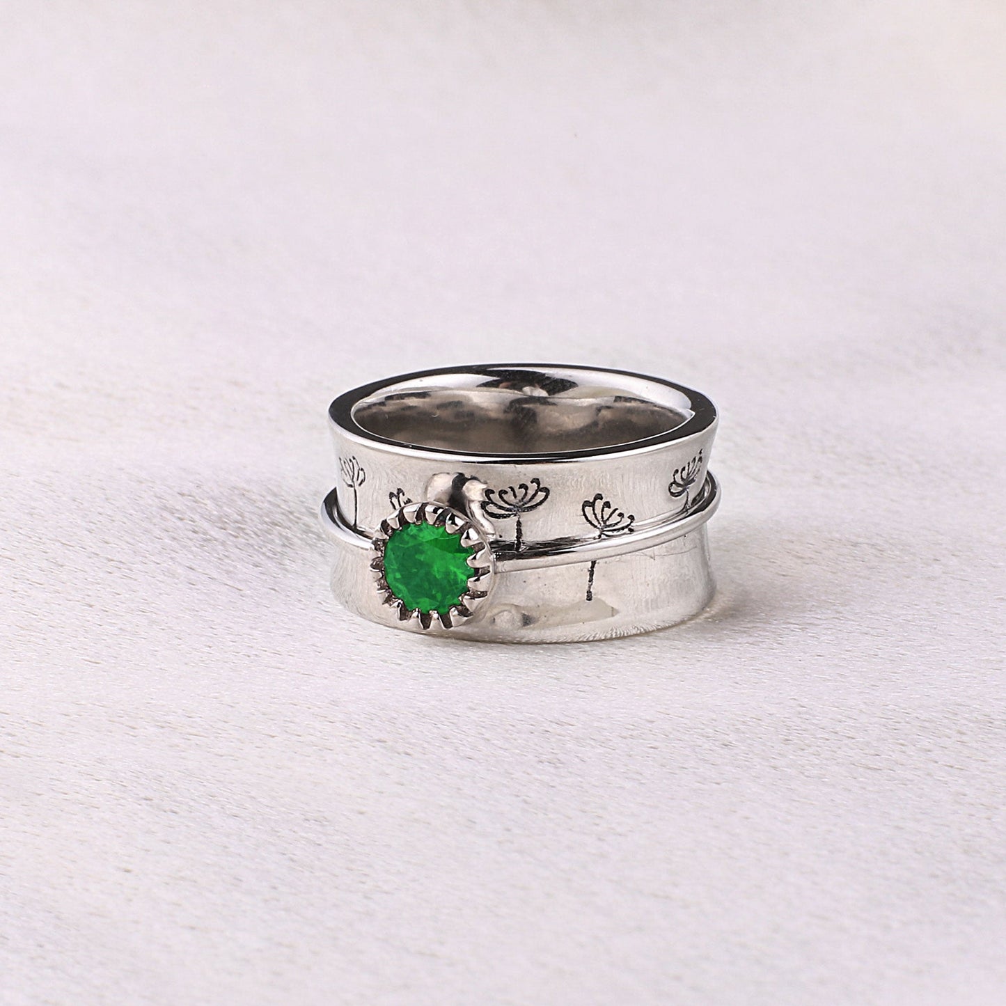 Bague Fidget Spinning Pissenlit Argent Pierre de Naissance