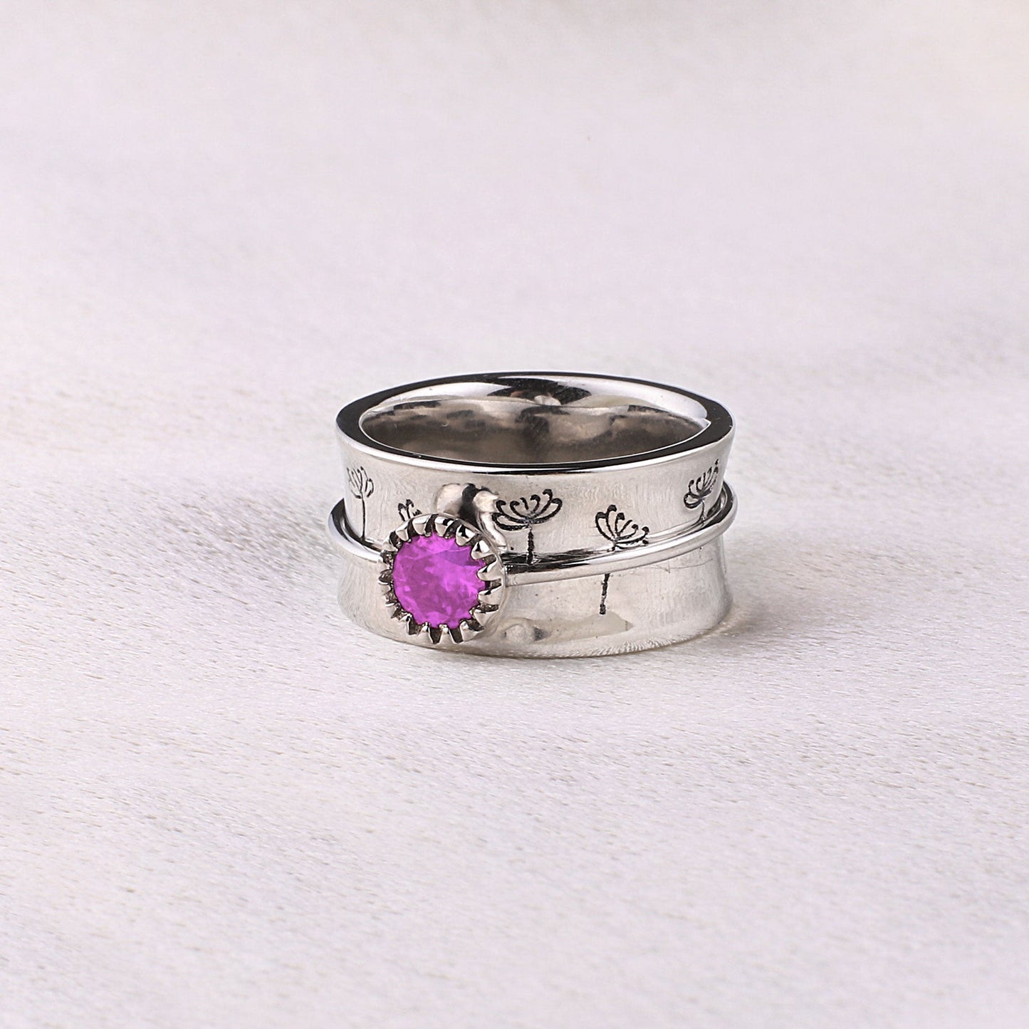 Bague Fidget Spinning Pissenlit Argent Pierre de Naissance
