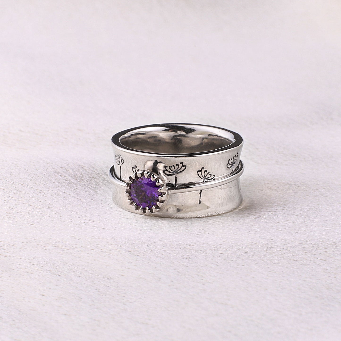Bague Fidget Spinning Pissenlit Argent Pierre de Naissance