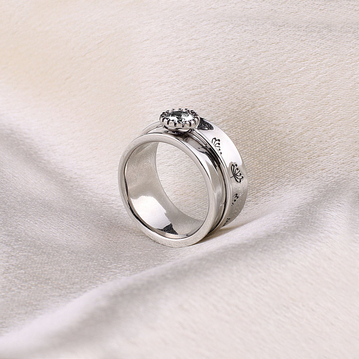 Bague Fidget Spinning Pissenlit Argent Pierre de Naissance