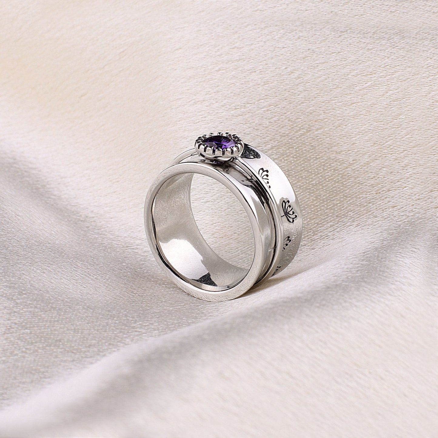 Bague Fidget Spinning Pissenlit Argent Pierre de Naissance