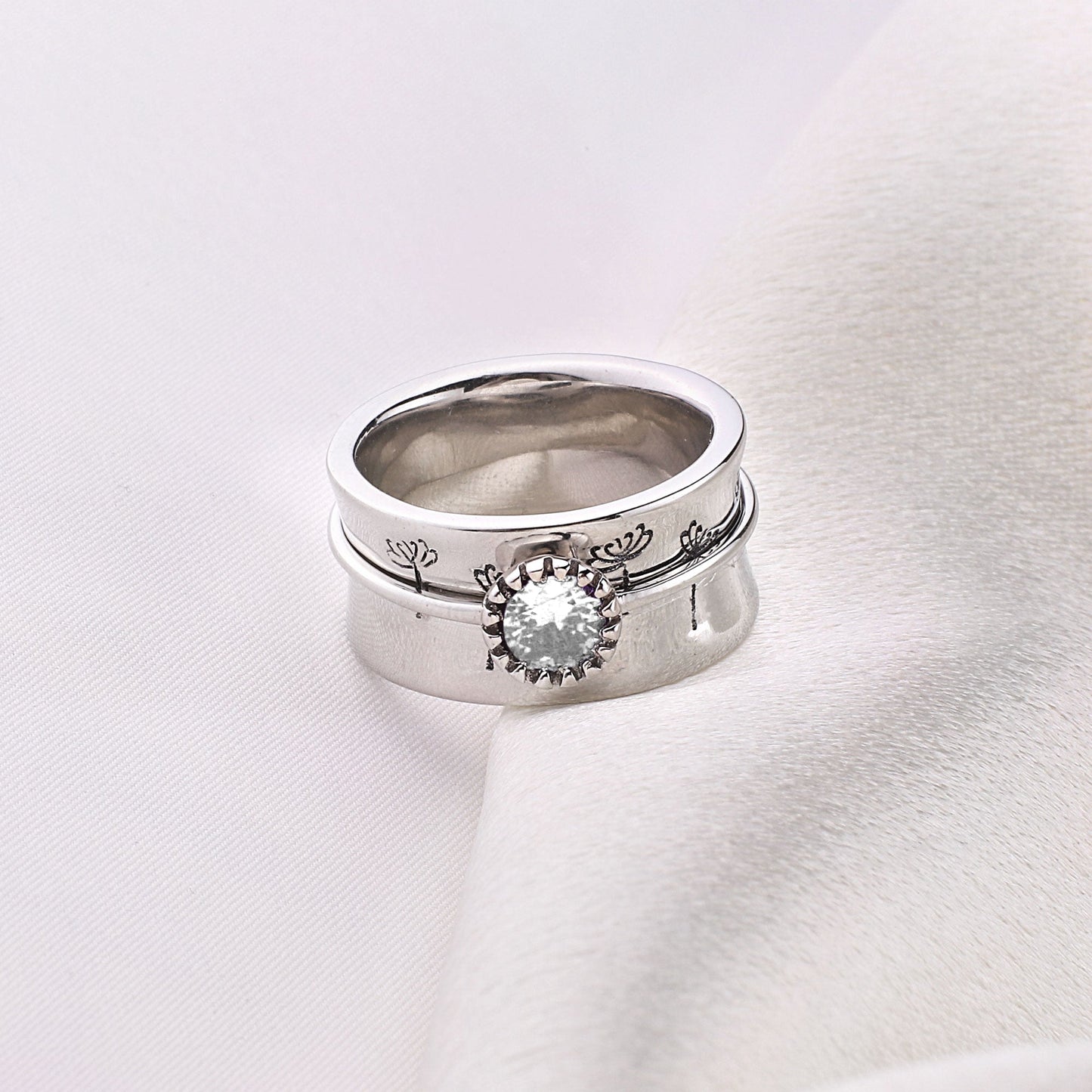 Bague Fidget Spinning Pissenlit Argent Pierre de Naissance