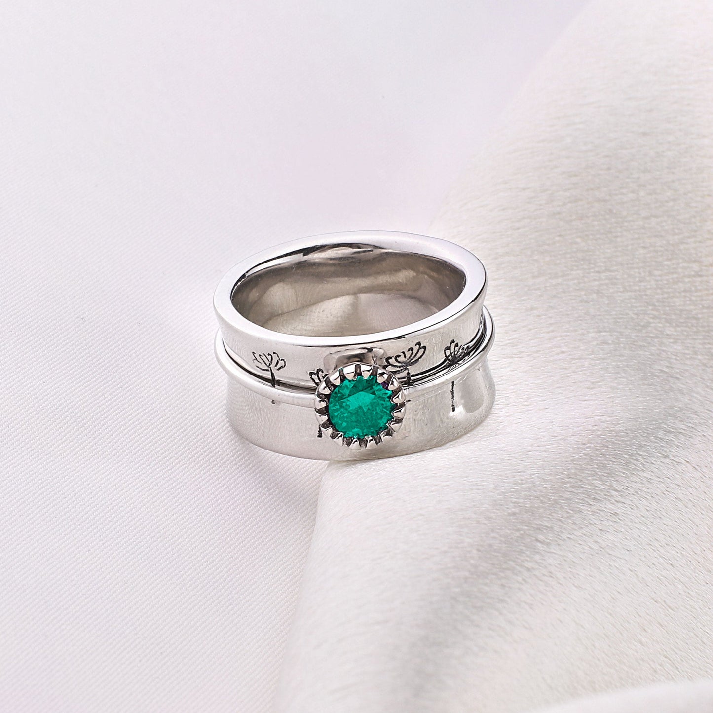 Bague Fidget Spinning Pissenlit Argent Pierre de Naissance