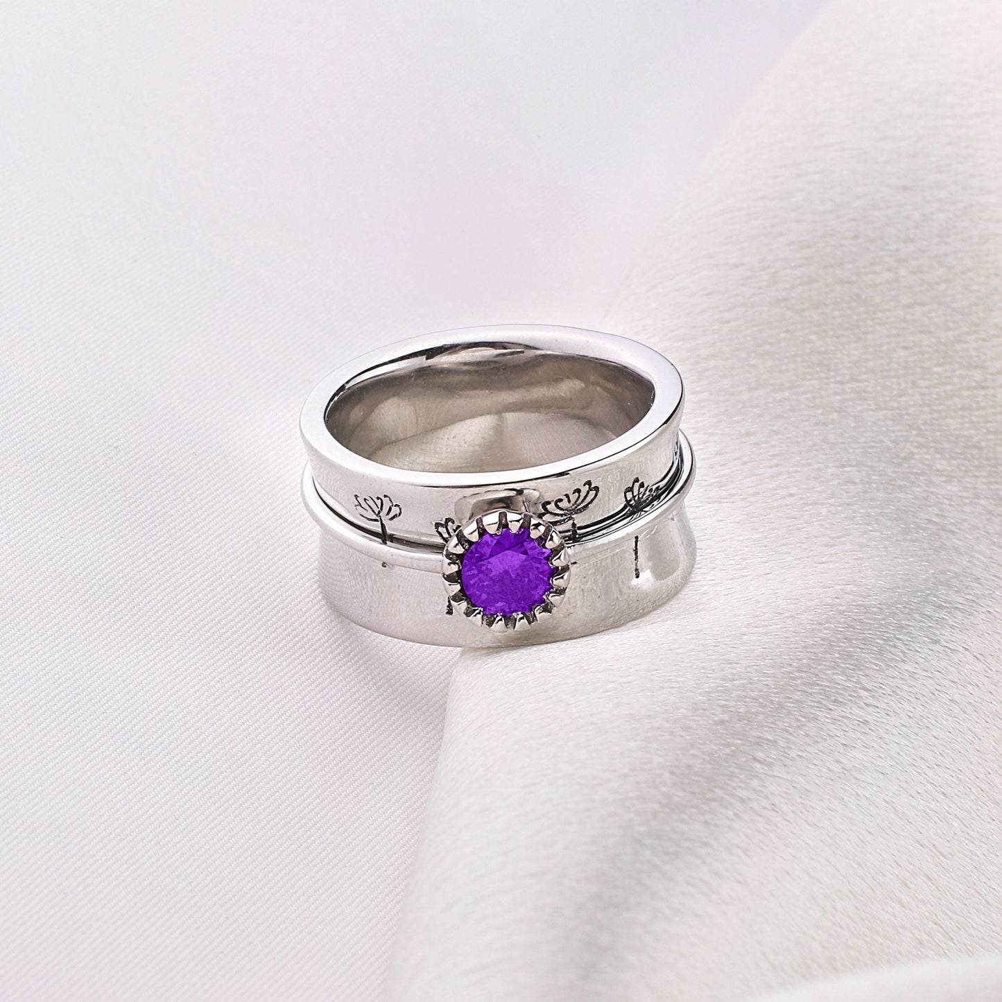 Bague Fidget Spinning Pissenlit Argent Pierre de Naissance