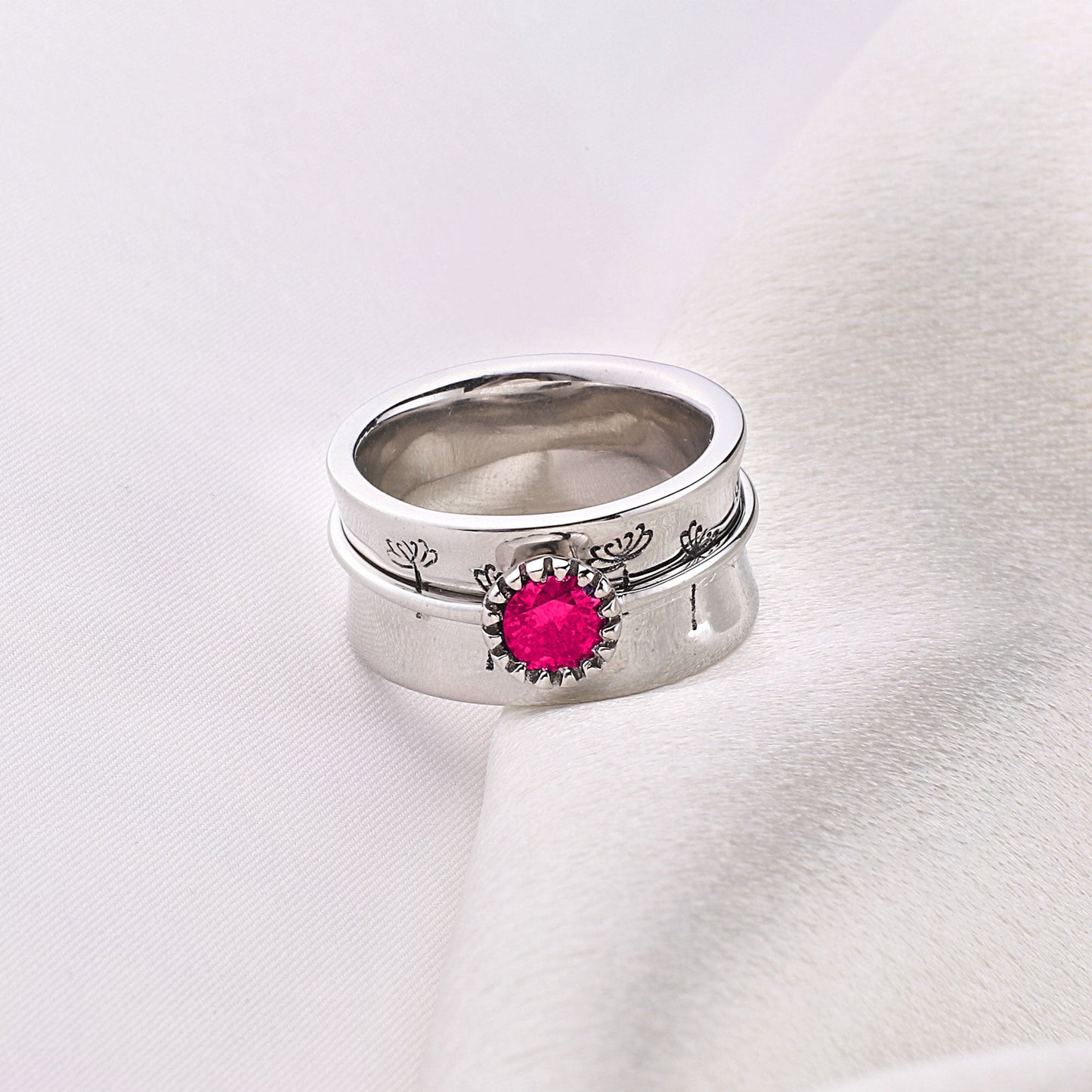 Bague Fidget Spinning Pissenlit Argent Pierre de Naissance