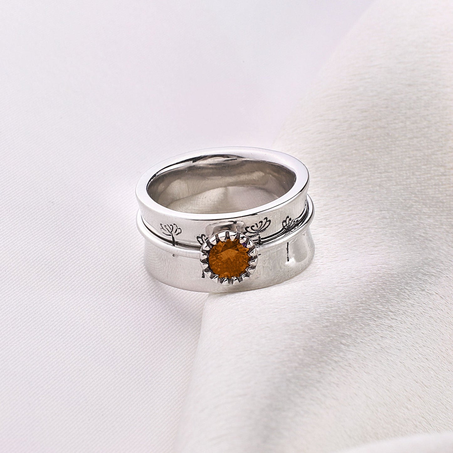 Bague Fidget Spinning Pissenlit Argent Pierre de Naissance
