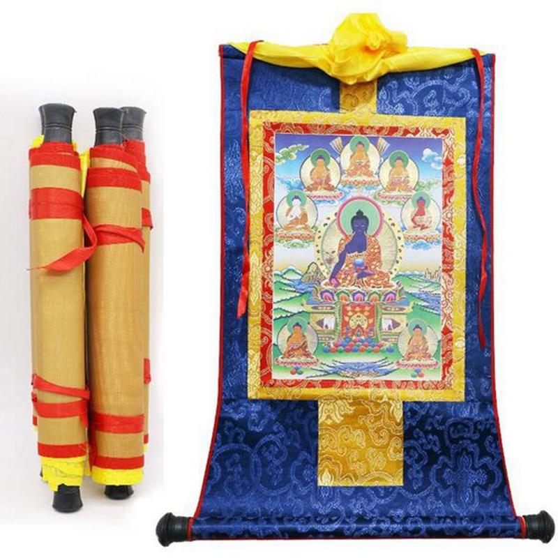 Tibetan Thangka Eight Medicine Buddha Wood Scroll