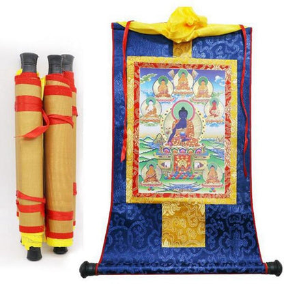 Tibetan Thangka Eight Medicine Buddha Wood Scroll