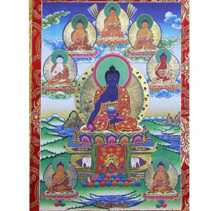 Tibetan Thangka Eight Medicine Buddha Wood Scroll